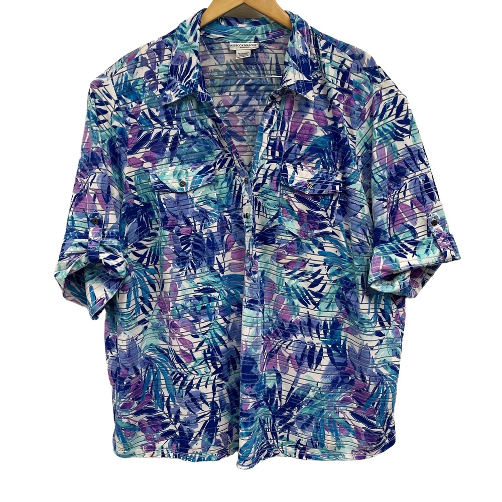 Rebecca Malone Blue Floral Tunic Sheer Accents ButtonFront 2XL Shirt